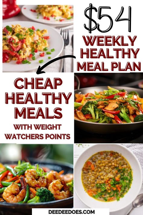 Here is a healthy weekly meal plan (Weight Watchers) that comes in under $54 with Cheap HEALTHY Meals and 7 days of cheap dinners. Every day comes on average under $8/day filled with cheap healthy meals on a budget. Most days comes in at 0 Weight Watchers Points for the entire day! Low Calorie Budget Friendly Meals, Low Calorie Meals On A Budget, Eating Healthy On A Budget For One, Cheap Weight Watchers Meals, Healthy Meal Planning On A Budget, Cheap Healthy Meal Plan, Weekly Meal Plan Family, Weight Watchers Meal Plan, Healthy Meals On A Budget