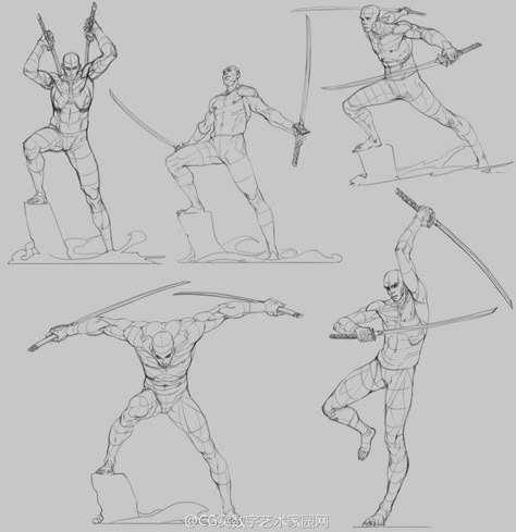 Person Holding Two Swords Reference, Samurai Action Pose, Split Personality Character Art, Ax Pose Reference, Dual Swords Pose Reference Drawing, Fighter Pose Reference Male, Dual Wielding Pose, Double Swordsman Pose, Terrible Drawings