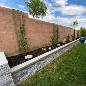 Backyard Landscaping Rectangle Yard, Simple Desert Backyard, Arizona Small Backyard Ideas, Arizona Backyard Ideas Pool, Retaing Walls Landscape, Minimalist Backyard Landscaping, Az Backyard Ideas, Rectangle Backyard Landscaping, Backyard Landscaping Arizona