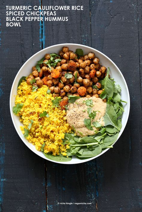 Rice Buddha Bowl, Salad Coleslaw, Turmeric Cauliflower, Hummus Bowl, Pepper Hummus, Vegan Richa, Spiced Chickpeas, Soy Free Recipes, Vegan Bowls