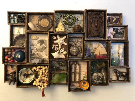 The Art of Assemblage & Found Object Art | An assemblage of objects of personal importance | Facebook Found Object Art Assemblages, Assemblage Art Found Object, Assemblage Art Collage, Object Art, Matchbox Art, Shadow Box Art, Interior Design Elements, Found Object Art, Junk Art