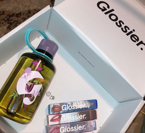 Glossier Water Bottle, Glossier Haul, Glossier Lip Gloss, Reusable Water Bottle, Markers, Water Bottle, Skin, Drawings, Water