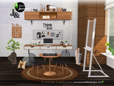 Bringing for your sims a nice place to study. The Athena set features easel, bookcases, chess table and more for your sims enjoy gain their skills in a cool, beautiful and modern ambiance. Wall... Study Room Furniture, Mods Sims 4, Sims 4 Clutter, Library Chair, Chess Table, Casas The Sims 4, Study Set, Sims 4 Cc Furniture, Dining Room Storage