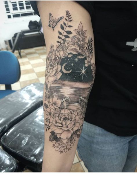 Flower And Space Tattoo, Nature Arm Tattoos For Women, Beautiful Forearm Tattoo Women, Sky Tattoos For Women, Fairy Garden Tattoo Sleeve, Celestial Sleeve Tattoo, Mystical Tattoos For Women, Celestial Tattoo Sleeve, Scenery Tattoo