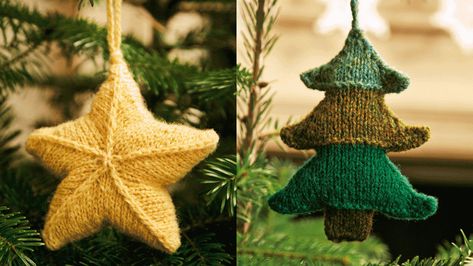 Free star and Christmas tree knitting patterns Knitted Christmas Ornaments, Christmas Tree Knitting Pattern, Holiday Knitting, Christmas Knits, Diy Garlands, Knit Christmas Ornaments, Knitted Christmas Decorations, Christmas Knitting Patterns Free, Holiday Knits