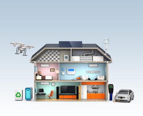 Smart house with energy efficient appliances. No text. royalty free illustration Smart House, Solar Power House, Energy Efficient Appliances, Electric Vehicle Charging, Solar House, Energy Efficient Homes, Space Available, Electric Vehicle, Home Automation