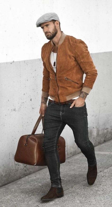 Brown Leather Boots Outfit Men, Fashion Outfits Winter, Brown Leather Jacket Men, Black Men Fashion Swag, Nails Winter, Stylish Men Casual, Fashion Suits For Men, Mens Fashion Casual Outfits, Outfit Winter