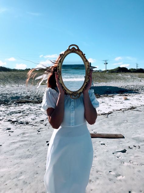 Vintage antique mirror ocean sky beach background photography Mirror Ocean Tattoo, Photoshoot Mirror, Mirror Beach Photoshoot, Mirror Shoot, Vintage Mirror Photoshoot, Water Mirror Photoshoot, Beach And Mirror Photography, Ocean Photoshoot Ideas, Water Mirror Photography