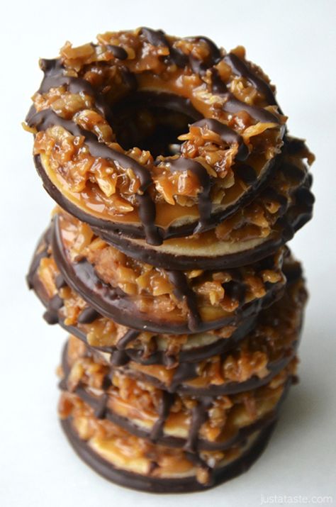 Samoa Recipe Roundup - Oh yeah! The yummiest Girl Scout cookie has been recreated into yummy desserts! Homemade Samoas, Samoas Recipe, Resepi Biskut, Crinkle Cookies, Girl Scout Cookies, Samos, Yummy Sweets, Girl Scout, Eat Dessert