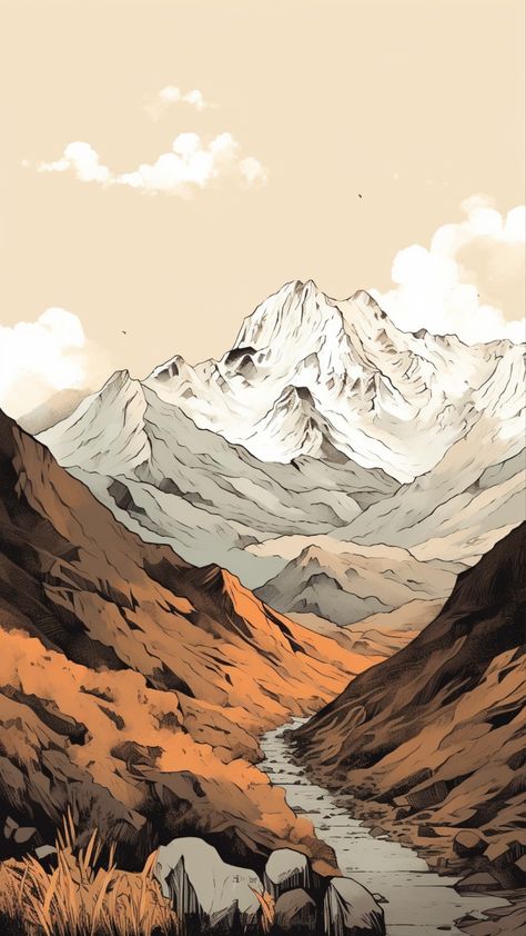 Iphone Cozy Wallpaper, Outdoorsy Phone Wallpaper, Mountains Aesthetic Drawing, Brown Aesthetic Illustration, Tablet Aesthetic Organization, Outdoorsy Wallpapers, Ipad Wallpaper Aesthetic 4k, Epic Wallpaper Iphone, Mountain Art Wallpaper