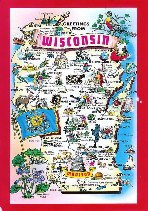 Detailed tourist illustrated map of Wisconsin state. Wisconsin Attractions, Community Marketing, Wisconsin Pride, State Flowers, Winter Resort, Illustrated Maps, Wisconsin State, Print Map, Usa Map