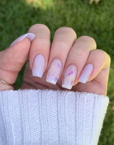 Milky White Nails Flowers, Milky White And Lavender Nails, Milky Lavender Nails, Nails Inspiration Spring, Lilac Nails, Lavender Nails, Nails Aesthetic, Purple Nail, Almond Shape Nails