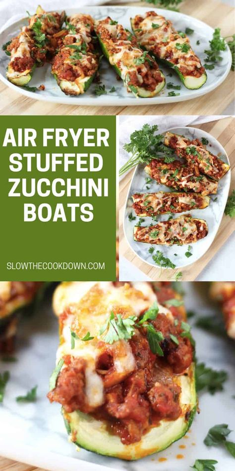 Stuffed with ground beef and veggies in a marinara sauce, these filled zucchini boats are a breeze to make in the air fryer. This delicious and healthy recipe is one that the whole family will love, and it's so easy to make!
These air fryer zucchini boats are super simple to make, seasoned ground beef and veggies are cooked in a marinara sauce, before being loaded into zucchini boats and topped with cheese. Delicious! Stuffed Zucchini Air Fryer, Easy Zucchini Boat Recipes, Zucchini Boats In Air Fryer, Zucchini Boats Air Fryer Recipes, Air Fryer Zucchini Boats, Airfryer Zucchini Recipes, Zucchini Air Fryer Recipes, Zucchini Recipes Air Fryer, Air Fryer Recipes Dinner