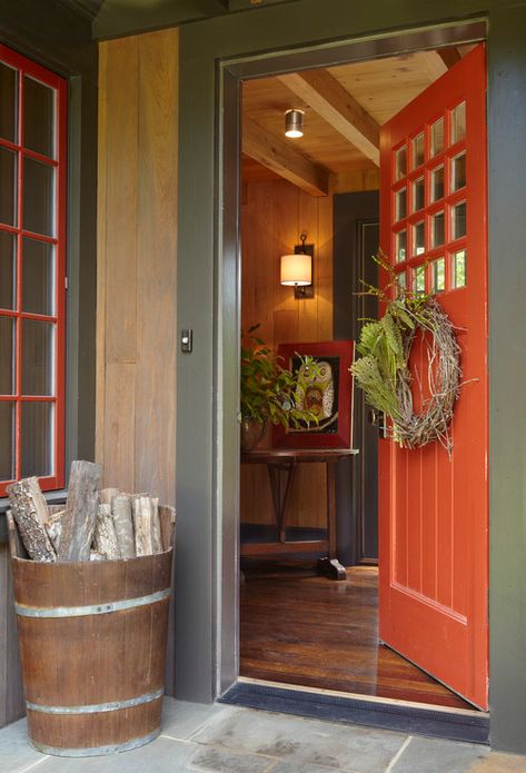 30 Front Door Colors with tips for choosing the right one | Postcards from the Ridge Orange Front Door, Orange Front Doors, Rustic Entry, Red Front Door, Orange Door, Front Door Paint Colors, Door Paint Colors, Christmas Front Porch, Painted Front Doors