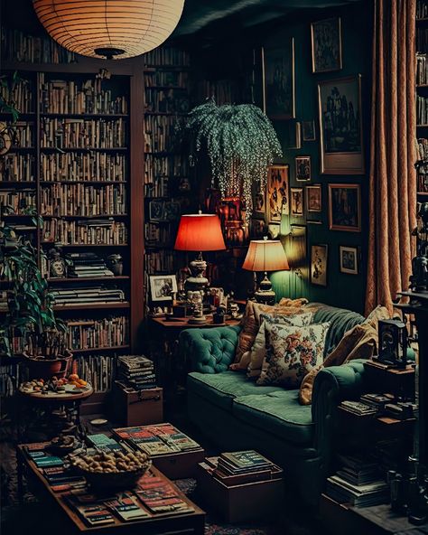 The ShopKeepers on Instagram: “Harold T. Finnegan's vintage bookstore 📷@darylanselmo Magical vintage bookshop - is this the future of virtual shopping? #bookstagram…” Victorian 70s Decor, Decadent Home Decor, Classically Eccentric Decor, Jewel Tone Dark Academia, Eclectic Academia Aesthetic, Dark Academia Reading Room, Dark Academia Couch, Moody Aesthetic Home, Dark Academia Living Room Decor