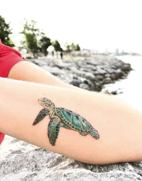 Sea Turtle Tattoo Realistic Color, Tattoo Turtle, Unique Animal Tattoos, Ocean Sleeve, Colorful Turtle, Turtle Tattoos, Sea Turtle Tattoo, Tier Tattoo, Turtle Tattoo Designs