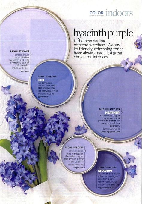 Hyacinth Purple Paint Color Palette. Paint Colors Used: Behr Whisper Glidden Iris Pittsburgh Paints Heather Valspar Wisteria BHG Live Better Shadow Purple Accent Walls, Purple Girls Room, Purple Paint Colors, Purple Bathrooms, Purple Kitchen, Paint Palettes, Paint Color Palettes, Purple Paint, Purple Walls