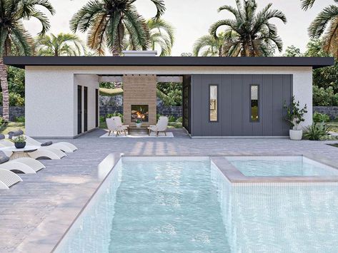 Pool House Shed With Garage Door, Pool House Game Room With Garage, Backyard Pool House Ideas, Two Story Pool House, Pool House Guest House Combo, Pool House Layout, Backyard Casita, Modern Pool House Design, Modern House With Pool