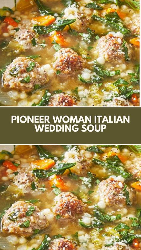 This easy Italian Wedding Soup, inspired by the Pioneer Woman, is a delicious, hearty meal that’s perfect for any night of the week. Packed with creamy broth, tender meatballs, and fresh veggies, it’s quick to make and flexible,feel free to swap in your favorite ingredients for a personal touch! Best Soups For Christmas Dinner, Top 10 Soup Recipes, Italian Wedding Soup Ina Garten, Easy Italian Wedding Soup Crock Pot, Homemade Italian Wedding Soup Recipe, Crockpot Italian Wedding Soup Crock Pot, Meatball Wedding Soup, Meatball Italian Soup, Soup Sunday Ideas