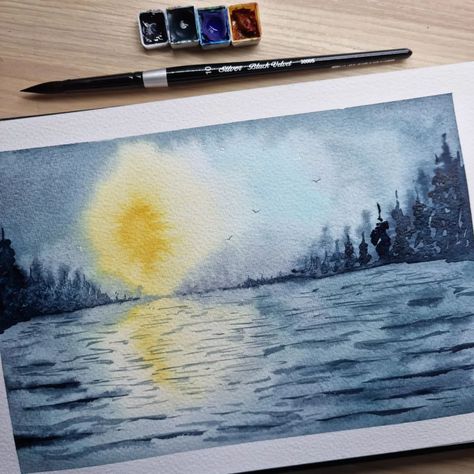 #lifeafter100days week 13 day 1 - lake @amberlane_art might recognise this one because it's taken from one of her videos! I just love the reflection of the sun and the hint of blue sky - though my sun is a little off 😂 This is painted purely with birch, anila, arnastapi and Jack Frostie Paper: @st.cuthberts.mill bockingford Brushes: @silverbrushltd black velvet round size 10 Paints: @nibswatercolours #lake #lakepainting #waterside #forrestscene #sunset #birds #paintdaily #paintingchall... Lake Painting, Watercolor Paintings Easy, Black Velvet, Blue Sky, Watercolor Paintings, Birds, Lake, Water, 10 Things