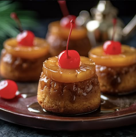 Mini Pineapple Upside-Down Cakes Mini Pineapple Upside Down, Pineapple Turnover Cake, Upside Pineapple Cake, Pineapple Upside Down Cupcakes Easy, Pineapple Upside Down Cake Bites, Pineapple Rum Upside Down Cake, Pineapple Upside Down Cupcakes Homemade, Mini Pineapple Upside Down Cakes Easy, Pineapple Upside Down Cake Cupcakes