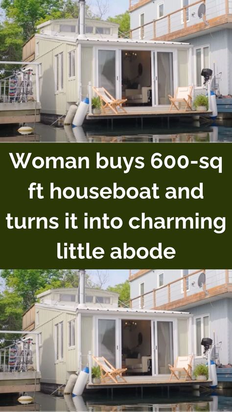 Tucked away in the heart of nature, but still conveniently close to the city’s amenities, you’ll find Kate’s charming houseboat.  She’s been calling this tiny floating home hers since 2020, and it’s quite the beauty – a lovely houseboat from the 90s, measuring around 550 to 600 square feet, including the main level and loft bedroom.  Kate chose to live in this boat because of her love for water and her desire to lead a unique lifestyle. Boat Interior Design Cabins, Floating Homes Houseboats, Houseboat Interiors Ideas, House Boat Remodel, Houseboat Living Interiors, House Boat Living, House Boat Interior, Tiny House Boat, Houseboat Remodel