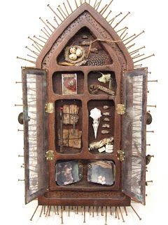 Shrines and Reliquaries with Christine Atkins | Notes from the Willow Grove Shrine Ideas, Wall Shrines, Shrines Box, Shrines Art, Altar Art, Shadow Box Art, Assemblage Art, Antique Wall Clock, Shadow Boxes