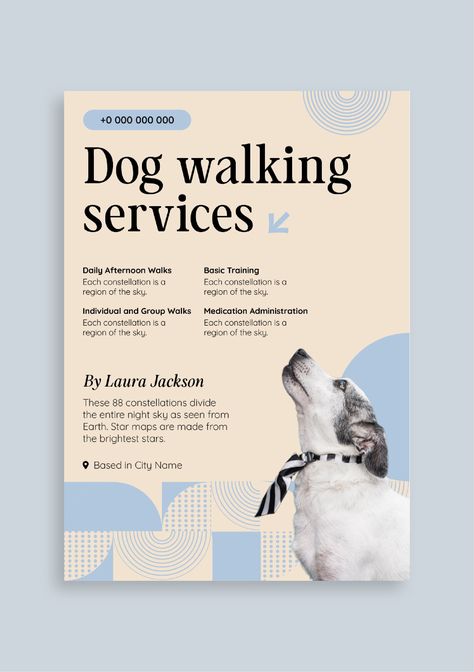 Geometric Elegant Laura Jackson Dog Walker Flyer Dog Flyer Design, Pet Sitting Flyer, Dog Walker Flyer, Dog Walking Flyer, Family Crafts Preschool, Laura Jackson, Dog Walking Services, Pet Brand, Dog Walking Business