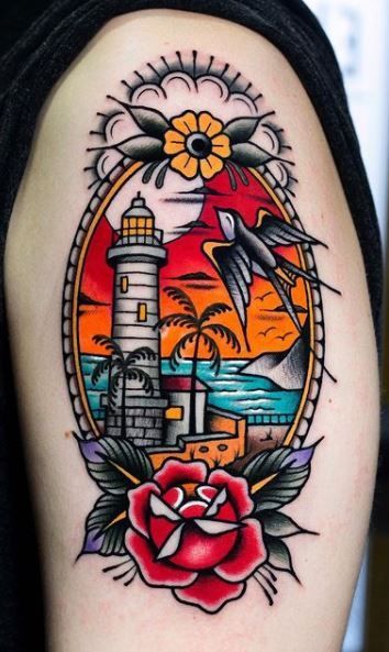 Traditional Hand Tattoos For Guys, American Traditional Lighthouse Tattoo, Traditional Compass Tattoo, Traditional Lighthouse Tattoo, Arm Tattoos For Men, Tato Mandala, Cover Up Tattoos For Men, Leg Tats, Colored Tattoo Design