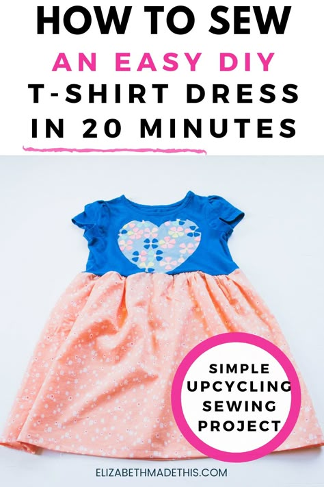 Quick and cute DIY t-shirt dress: How to turn a t-shirt into a dress (2T-14 sizes) - Elizabeth Made This Dress From Shirt Diy, Turn A Shirt Into A Dress, Turn A T Shirt Into A Dress, Tshirt Dress Sewing Pattern, Tshirt Dress Patterns Free, Diy Shirt Into Dress, Diy Girls Clothes, Upcycle Tshirt Dress Diy, Diy Tshirt Dress