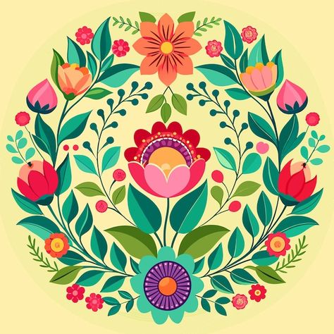 colorful flower illustration Mexican Tapestry, Simple Motif, Colorful Things, Polish Folk Art, Zen Colors, Huichol Art, Mandala Art Lesson, Mandala Dots, Hand Embroidery Art