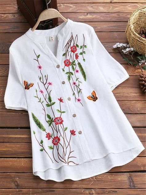 KSF 05 SINGLES AVAILABLE. Shirt Top Fabric :- Rayon Printed Shirt Length:- Front 31"Inch, back 35" Full Stitched Readymade Size :- S-36, M-38, L-40, XL-42 Vintage Blouses, Birthday Image, Floral Shirts, Embroidery Cotton, Embroidery Top, Embroidered Clothes, Embroidered Shorts, Blouse Vintage, Blouse Styles