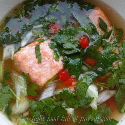 Asian-Style Salmon Soup Thai Salmon Soup, Thai Salmon, Salmon Soup, Asian Coleslaw, Asian Salmon, Cooking Fish, Kinds Of Vegetables, Asian Soup, How To Cook Fish