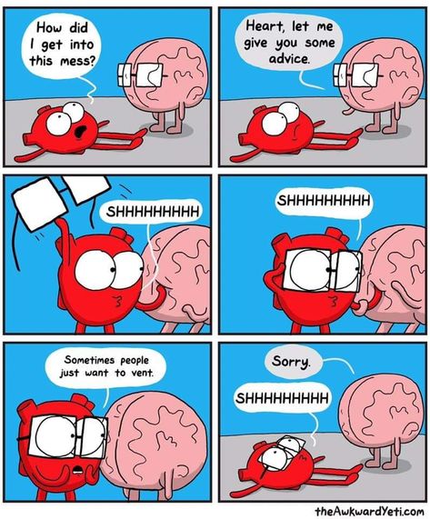 Awkward Yeti Comics, Brain Vs Heart, Heart And Brain Comic, Heart Vs Brain, Awkward Yeti, The Awkward Yeti, Heart And Brain, Strange Planet, Heart Brain