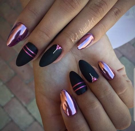 Pink Chrome And Black Nails, Black Nails With Pink Chrome, Black And Pink Chrome Nails, Chrome Cat Eye Nails, Purple Chrome Nails Design, Purple Nails Inspiration, Easter Nail Ideas, Pink Black Nails, Pink Holographic Nails