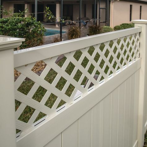 Our Freeport vinyl fence panels add privacy while decorative lattice enhances the top of the panel, providing a perfect balance of style and seclusion. Installation is easy with coordinating pre-routed posts, no hardware required. Freedom Freeport 6-ft H x 6-ft W White Vinyl Fence Panel | 73014375 Vinyl Fence Ideas, Vinyl Lattice Panels Fence Ideas, Vinyl Fencing Front Yard, White Vinyl Fence Landscaping, White Vinyl Fence Front Yard, Fence With Lattice Top, Privacy Fence Landscaping, 4ft White Vinyl Fence, White Vinyl Fence