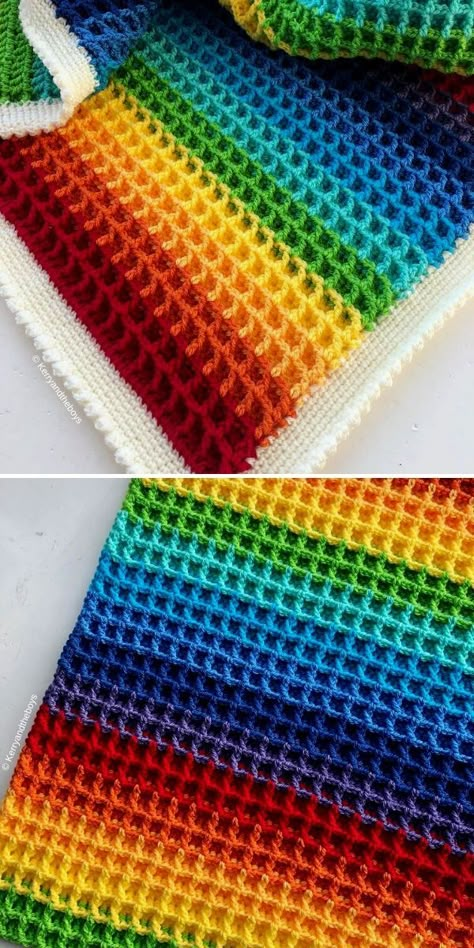 Waffle Stitch Crochet Patterns and Ideas | Crochetpedia Rainbow Crochet Blanket Pattern, Uncinetto Zig Zag, Crochet Blanket Rainbow, Crochet Waffle Stitch, Rainbow Blanket, Confection Au Crochet, Crochet Stitches For Blankets, Waffle Stitch, Rainbow Crochet