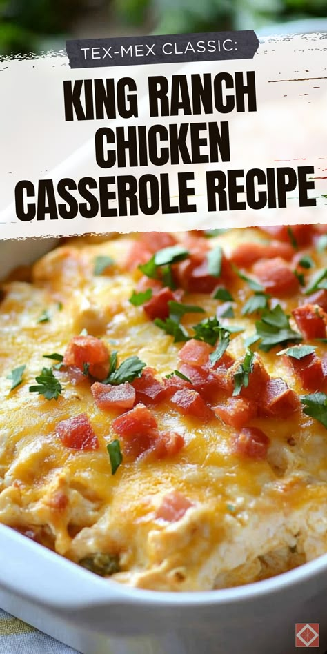 Try the ultimate Tex-Mex King Ranch Chicken Casserole recipe. Ideal for your food recipes collection, this dish combines the comforting flavors of King Ranch Chicken with a spicy Tex-Mex flair. Save this pin and click for detailed instructions and tips. Enjoy a delicious and hearty casserole that's perfect for any occasion. Chicken And Rice Ranch Casserole, King Ranch Chicken Recipe, Kings Ranch Chicken Casserole, Mexican Recipes With Chicken, King Ranch Casserole, King Ranch Chicken Casserole, King Ranch Chicken, Chicken Supreme, Ranch Casserole