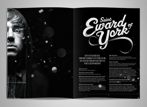 I love dark backgrounds because they're different and the elements on it (if they're light colours) stand out even more, just like in this design. Magazine Cover Layout, Magazine Layout Inspiration, Magazine Spread, Love Dark, Magazine Spreads, Light Colours, Newspaper Design, Magazine Layout Design, Typography Layout