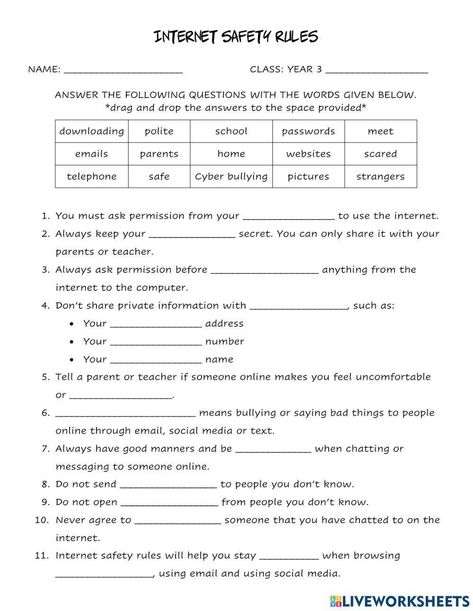 Life Skills Worksheets Special Education, Internet Safety Worksheet, Internet Safety Rules, Internet Safety Activities, Technology Vocabulary, September Lessons, Internet Safety Tips, Social Media Safety, Internet Safety For Kids