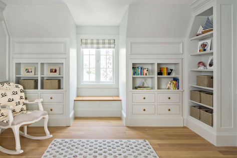 Built in cabinetry in a traditional style nursery. #thefoxgroup #nursery #traditional #builtins The Fox Group, Dormer Bedroom, Fox Group, Bedroom Built Ins, Attic Renovation, Attic Remodel, Upstairs Bedroom, Attic Bedroom, Attic Rooms