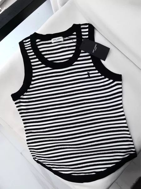 YSL top, Yves Saint Laurent striped top, designer top, summer fashion, must have, black and white vest top Ysl Tank Top, Yves Saint Laurent Clothes, Ysl Top, Ysl Outfit, White Vest Top, Saint Laurent Clothes, Stripped Tank Top, White Vest, Designer Top