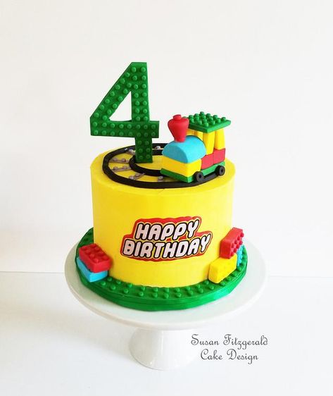 I made this cake for a little boy who absolutely loves trains and loves Legos. Happily, he also loved his cake! The cake is buttercream with fondant accents. Lego Cake Design, Cake Design Buttercream, Buttercream Cake Design, Lego Torte, Lego Birthday Cake, Lego Train, Train Cake, 4th Birthday Cakes, Trains Birthday Party