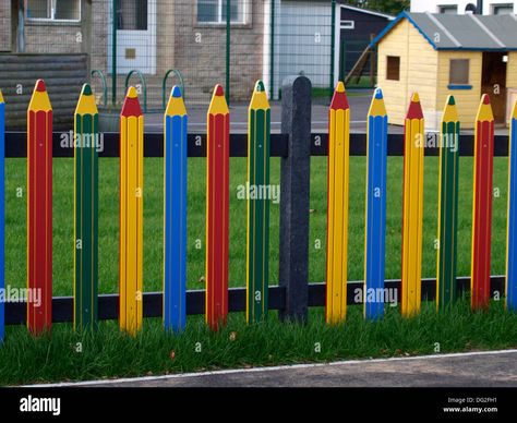 Download this stock image: Pencil fence at a junior school, Bude, Cornwall, UK - DG2FH1 from Alamy's library of millions of high resolution stock photos, illustrations and vectors. Pencil Fence, School Fence, Bude Cornwall, Cornwall Uk, Workshop Ideas, School Photos, Cornwall, Fence, Photo Image