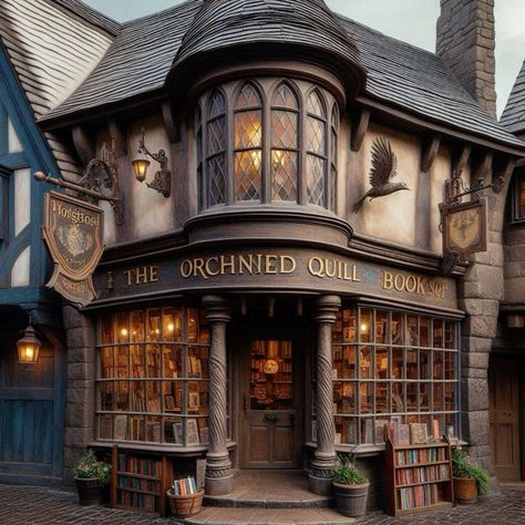 Harry Potter Diagon Alley Shops, Hogsmeade Shops, Diagon Alley Shops, Library Exterior, Fantasy Shop, Harry Potter Dr, Diagon Alley, Fantasy Homes, Interesting Buildings