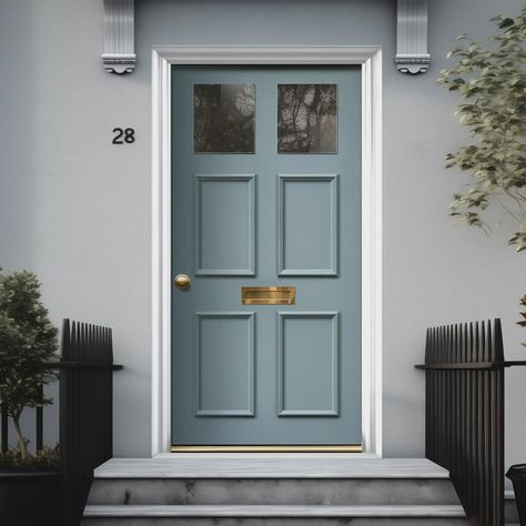 Made to order Colonial door is meticulously fashioned to match your exact specifications. Grey Blue Front Door, Coloured Front Door, Cottage Style Front Doors, Unique Front Door, Country Front Door, Front Door Designs, Colonial Door, Terrace House Exterior, Front Doors Uk