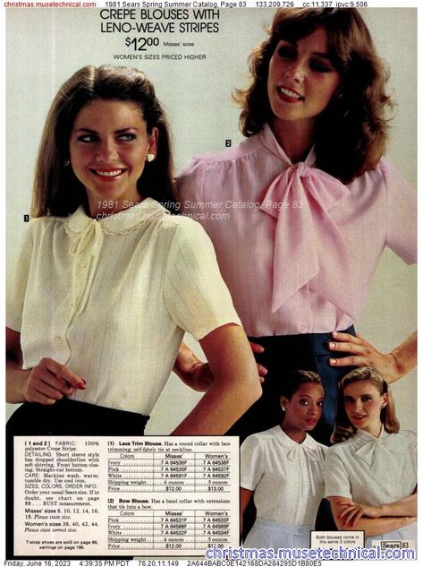 1981 Sears Spring Summer Catalog, Page 83 - Catalogs & Wishbooks 1981 Fashion Women, 80s Fashion Catalogue, Retro Fashion 80s, 1981 Fashion, Decade Fashion, 1980s Costume, Depop Fashion, Aesthetic Era, Retro Blouse