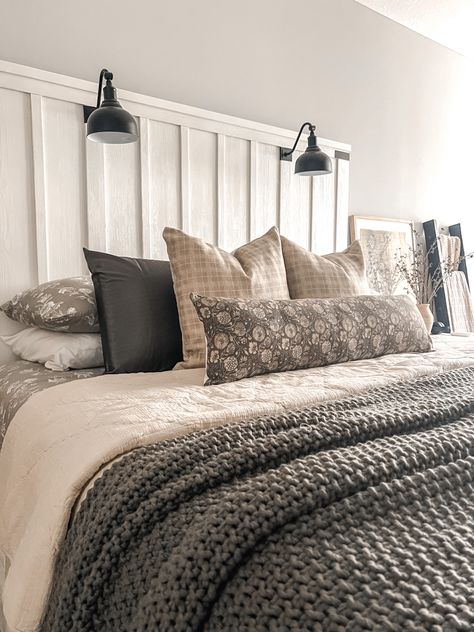 Modern Farmhouse Neutral Bedroom, Fall Layered Bedding, Farmhouse Neutral Bedding, Neutral Bedding Not White, Charcoal And Beige Bedding, Layered Farmhouse Bedding, Rustic Modern Bedroom Master Suite, Neutral Bedding Ideas Farmhouse, Fall Master Bedding