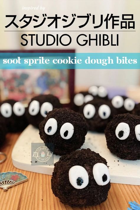 Chocolate Covered Cookie Dough Bites | Studio Ghibli Soot Sprites Studio Ghibli Gender Reveal, Studio Ghibli Movie Night, Studio Ghibli Soot Sprites, Ghibli Soot Sprites, Chocolate Covered Cookie Dough Bites, Chocolate Covered Cookie Dough, Easy Cookie Dough, No Bake Cookie Dough, Chocolate Covered Cookies