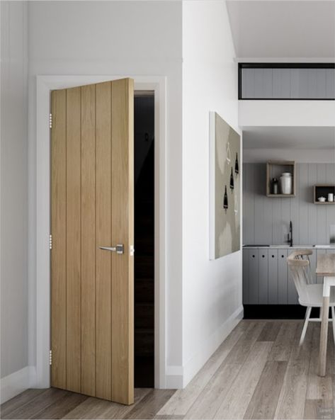 Oak vertical plank interior door Solid Oak Internal Doors, Plank Door, Door Frame Molding, Internal Oak Doors, Oak Interior Doors, Oak Door, Fire Door, Room Divider Doors, Wooden Door Design